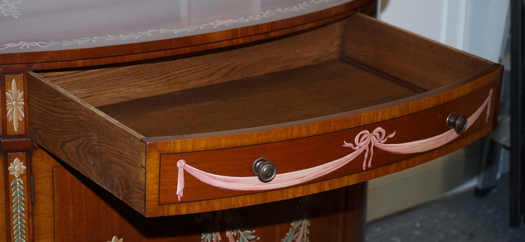 FINE SUBSTANTIAL PAIR OF HAND PAINTED DEMI LUNE SHERATON STYLE CONSOLE CABINETS