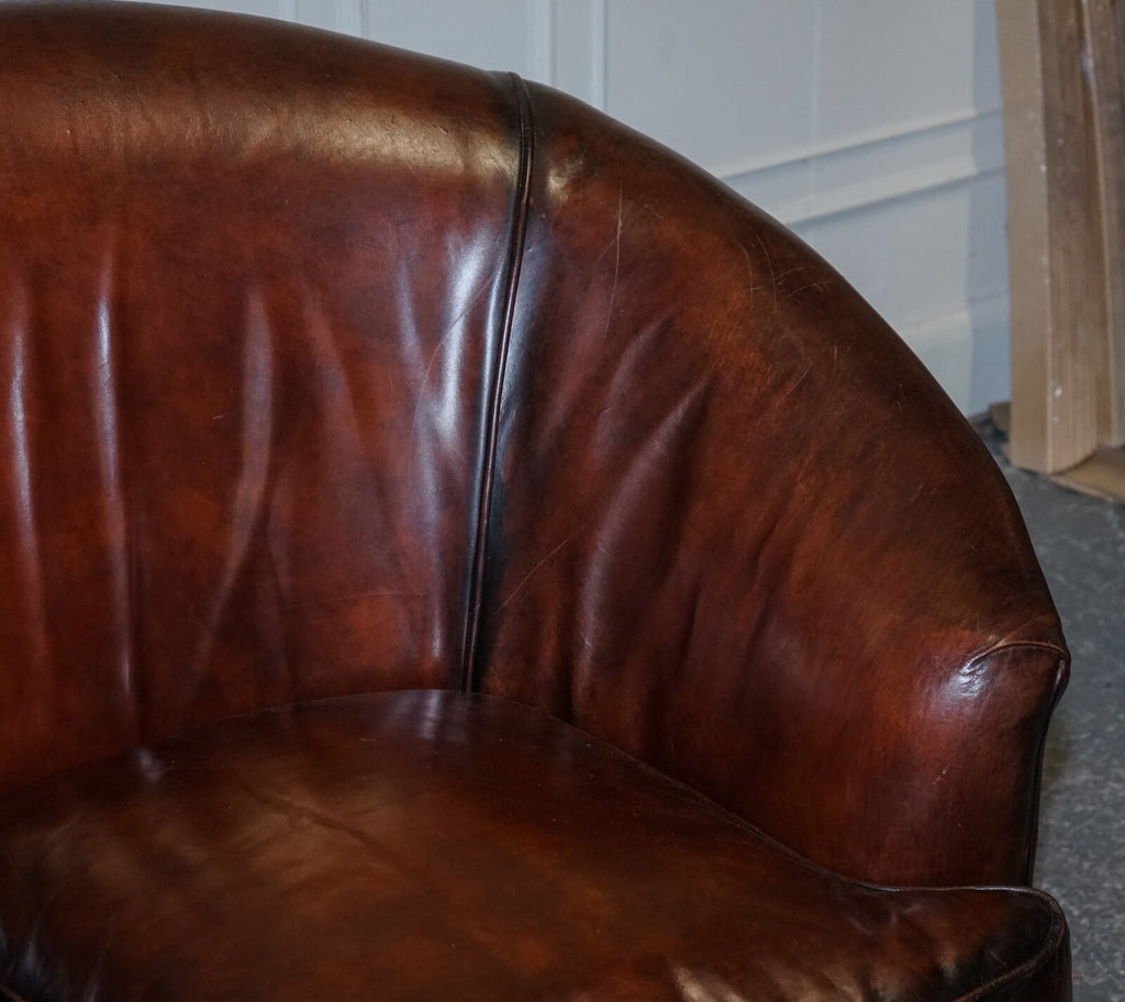 1920'S ART DECO RESTORED HAND DYED WHISKEY BROWN SUITE SOFA ARMCHAIRS FOOTSTOOLS