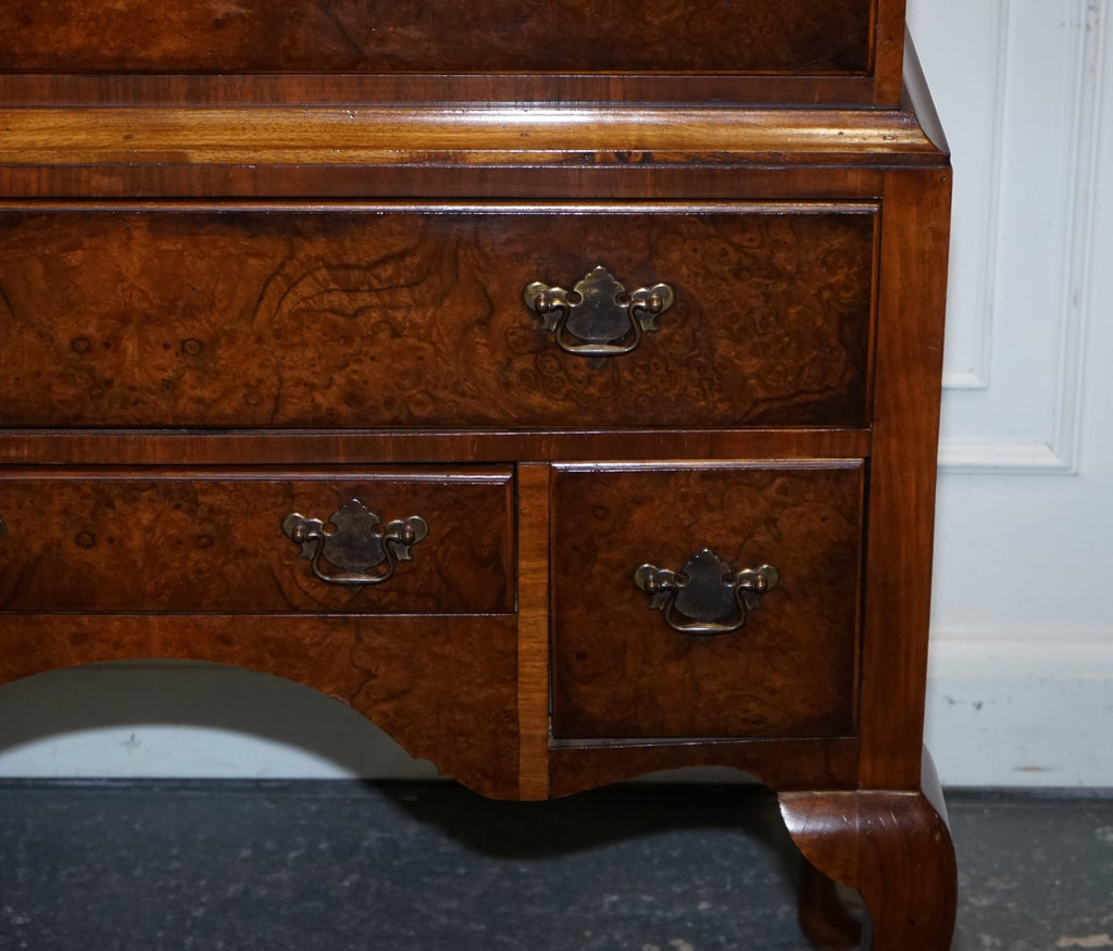 ANTIQUE GEORGIAN STYLE BURR WALNUT CHEST ON STAND WITH QUEEN ANNE LEGS