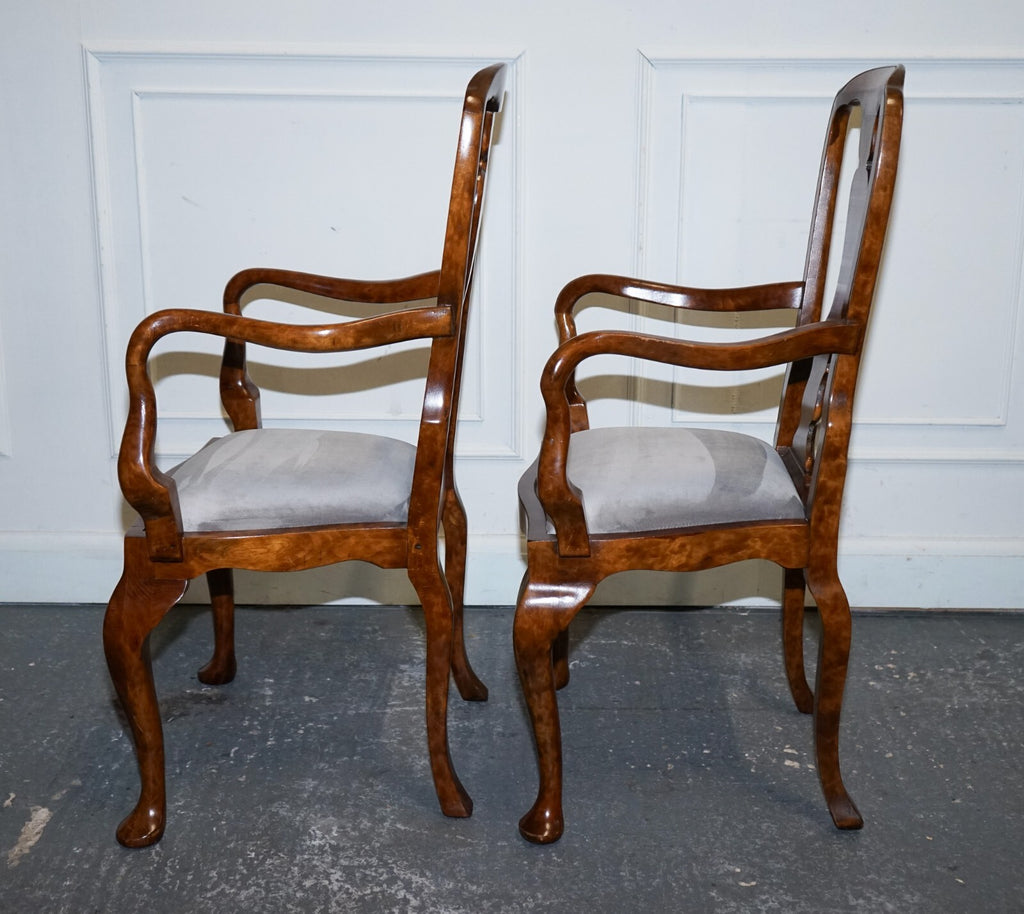 1920'S ART DECO PAIR OF QUEEN ANNE STYLE BURR WALNUT HALLWAY ELBOW ARMCHAIRS