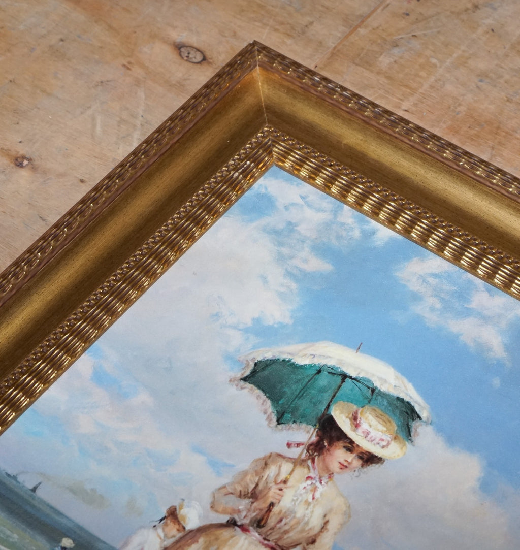 VINTAGE VICTORIAN STYLE PRINT IN GILTED FRAME ''CAREFREE DAYS'' BEACH 66 X 96 CM