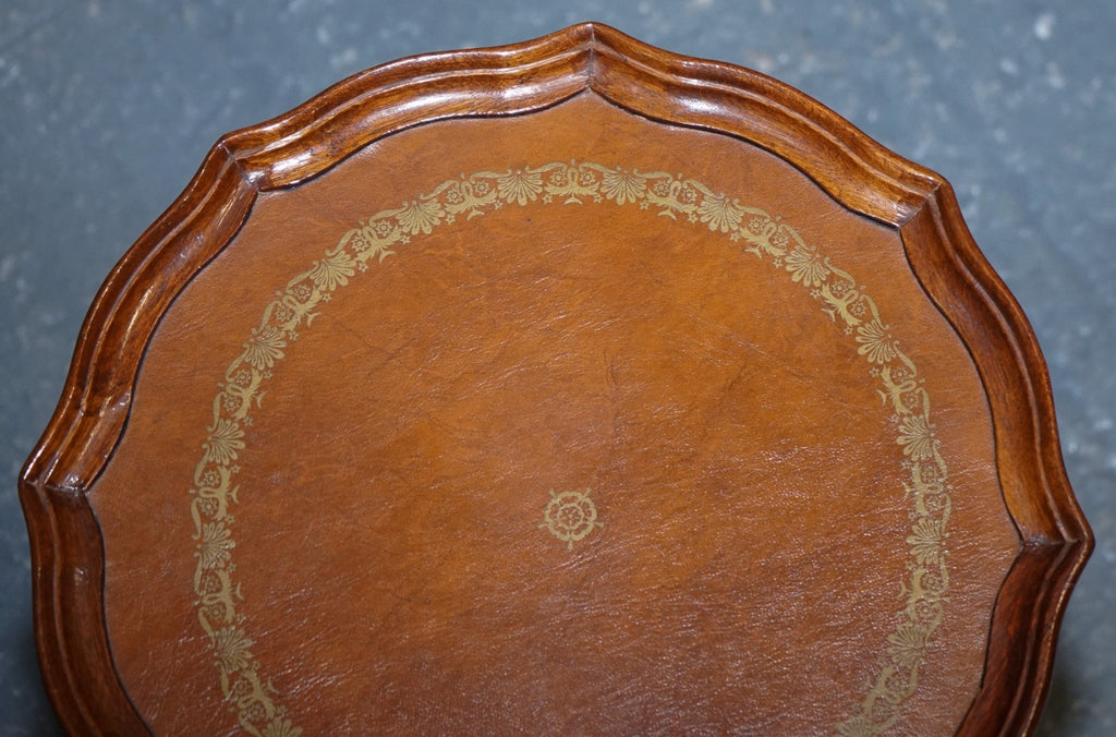VINTAGE GEORGIAN STYLE TRIPOD TABLE WITH SCALLOPED EDGE & BROWN LEATHER TOP