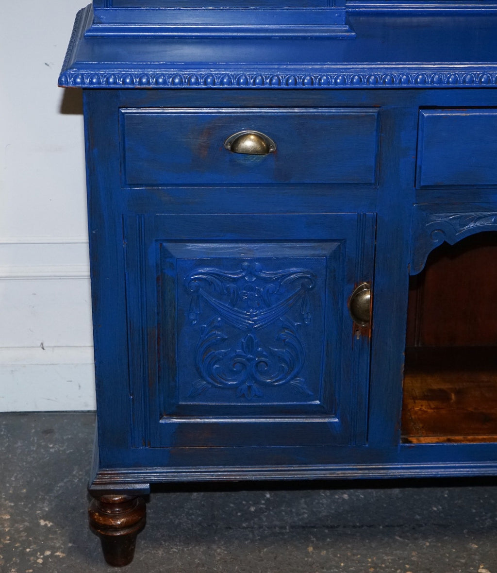 ANTIQUE VICTORIAN VIBRANT BLUE HAND PAINTED KITCHEN CUPBOARD CABINET