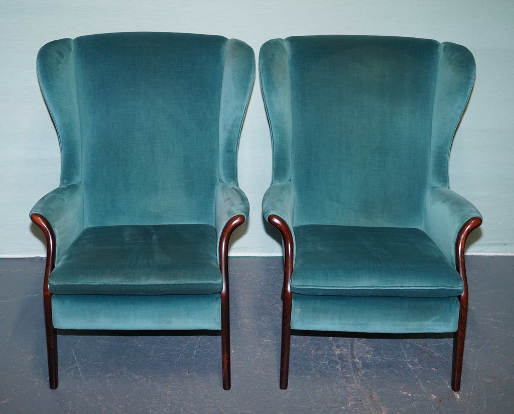 MID CENTURY VINTAGE PAIR OF PARER KNOLL FROXFIELD BLUE FABRIC WINGBACK ARMCHAIRS