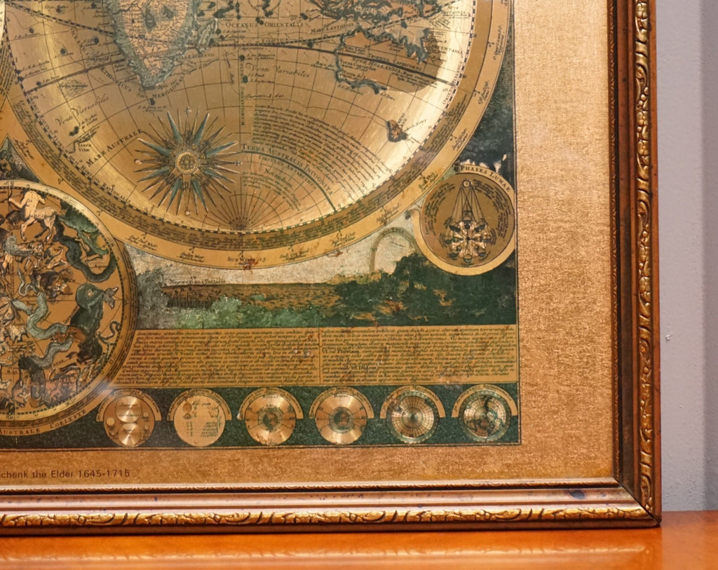 VINTAGE FRAMED PRINT PLANISPHAERIUM TERRESTRE GOLD FOIL MAP WORLD PETER SCHENK