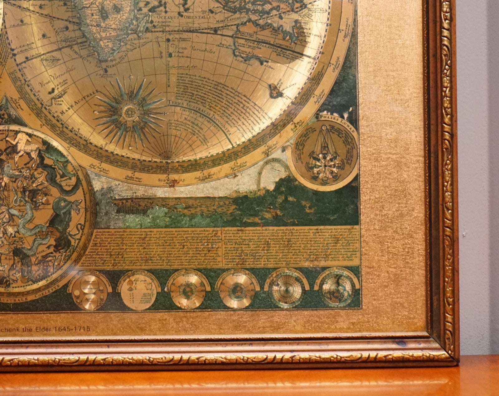 VINTAGE FRAMED PRINT PLANISPHAERIUM TERRESTRE GOLD FOIL MAP WORLD PETER SCHENK