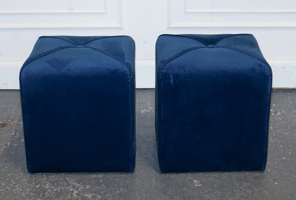 EX SHOWROOM ART DECO STYLE PAIR OF BLUE VELVET TOUCH FABRIC BLUE STOOLS