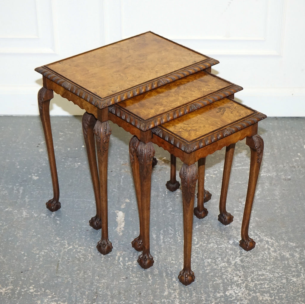 STUNNING BURR WALNUT NEST OF  THREE TABLES CARVED CLAW & BALL FEET