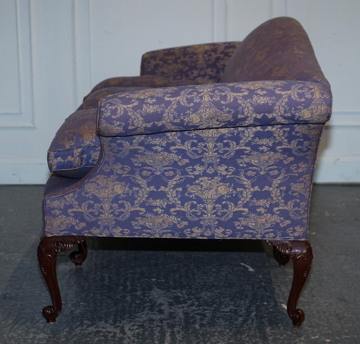 ANTIQUE ENGLISH COUNTRY HOUSE CHIPPENDALE CAMEL BACK FABRIC THREE SEATER SOFA