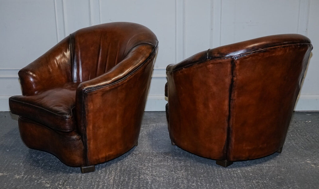 1920'S ART DECO RESTORED HAND DYED WHISKEY BROWN SUITE SOFA ARMCHAIRS FOOTSTOOLS