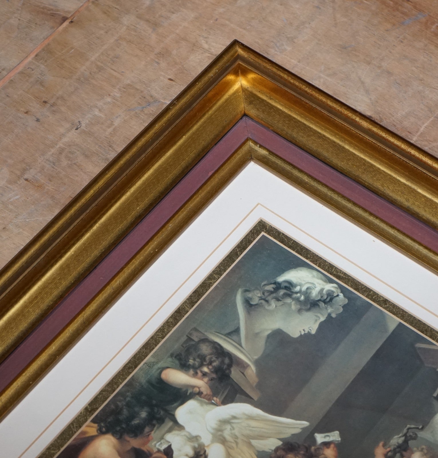 VINTAGE RENAISSANCE STYLE PRINT CHERUBS SCULPTING AN ANGEL GOLD FRAME 58 X 53 CM