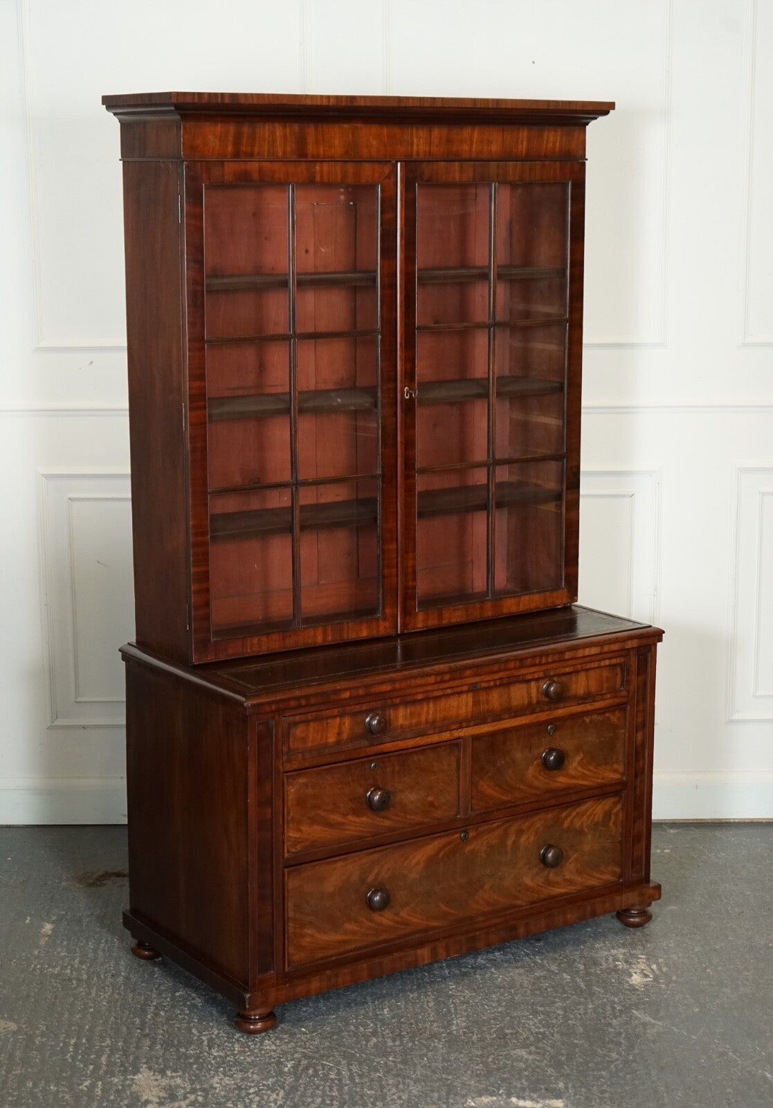 ANTIQUE DRESSER BOOKCASE DISPLAY CABINET ON CHEST OF DRAWERS BLACK LEATHER TOP