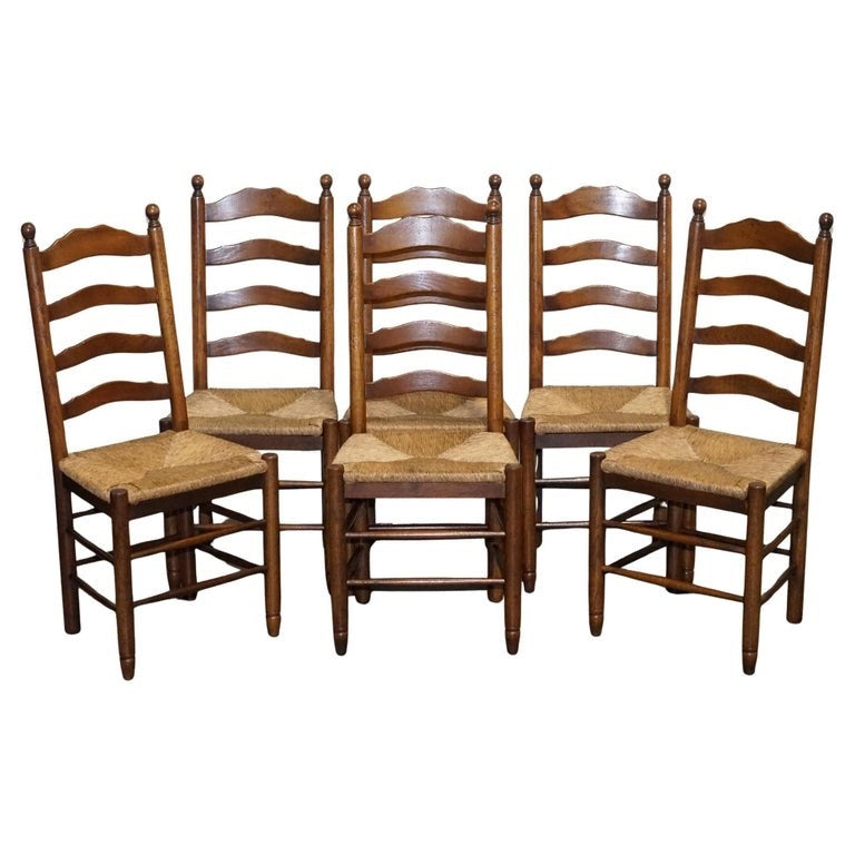 SET OF SIX ANTIQUE ENGLISH 19TH CENTURY LADDERBACK RUSH SEAT DINING CHAIRS