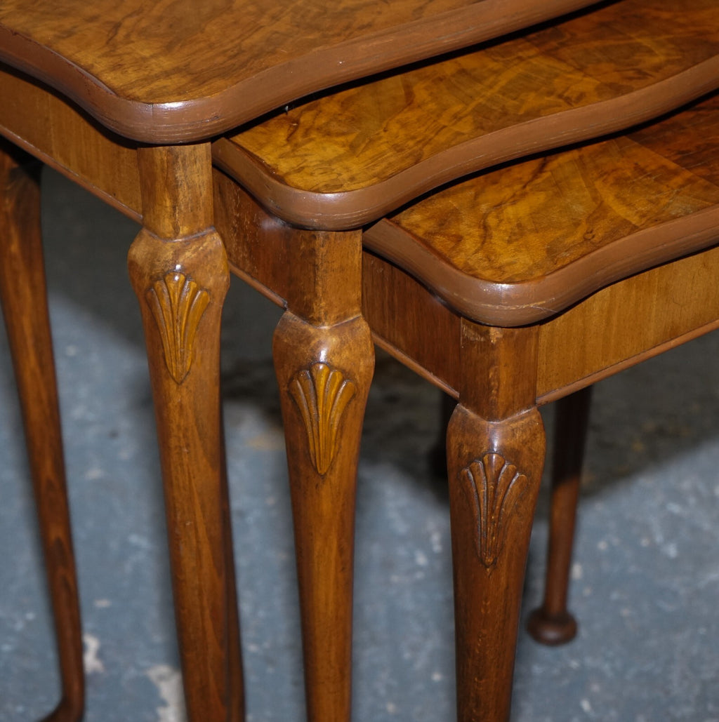 1920'S ART DECO BURR WALNUT NEST OF THREE TABLE QUEEN ANNE LEGS