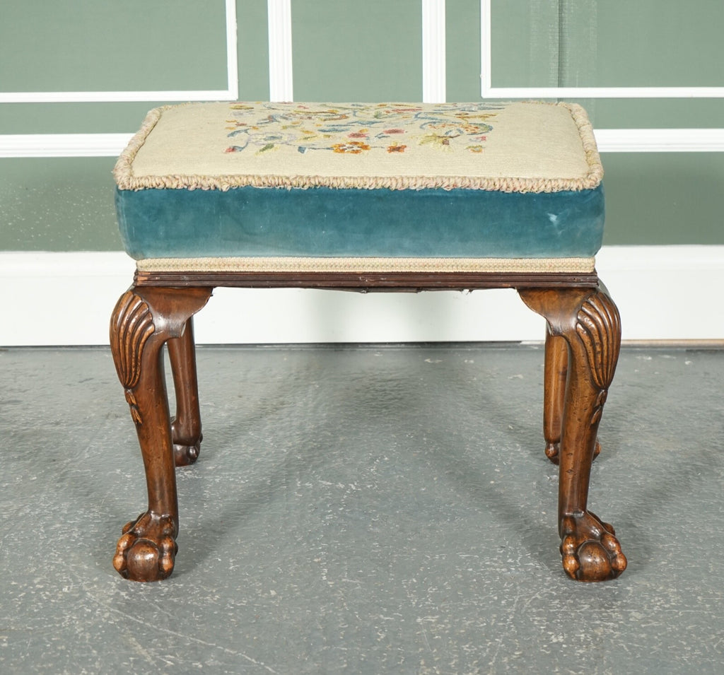 FINE LATE VICTORIAN FLOWER UPHOLSTERY CLAW AND BALL FOOT STOOL