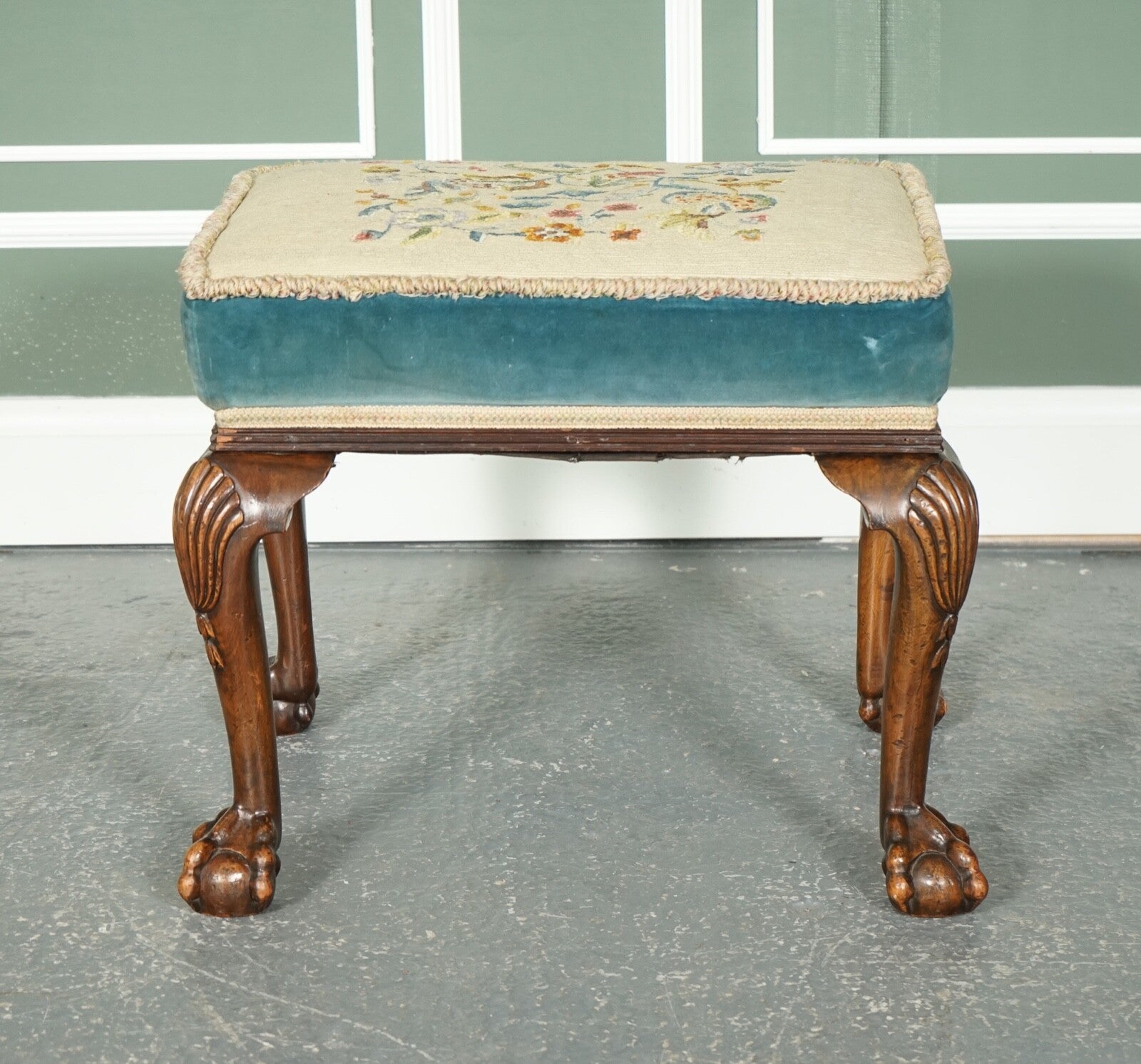 FINE LATE VICTORIAN FLOWER UPHOLSTERY CLAW AND BALL FOOT STOOL