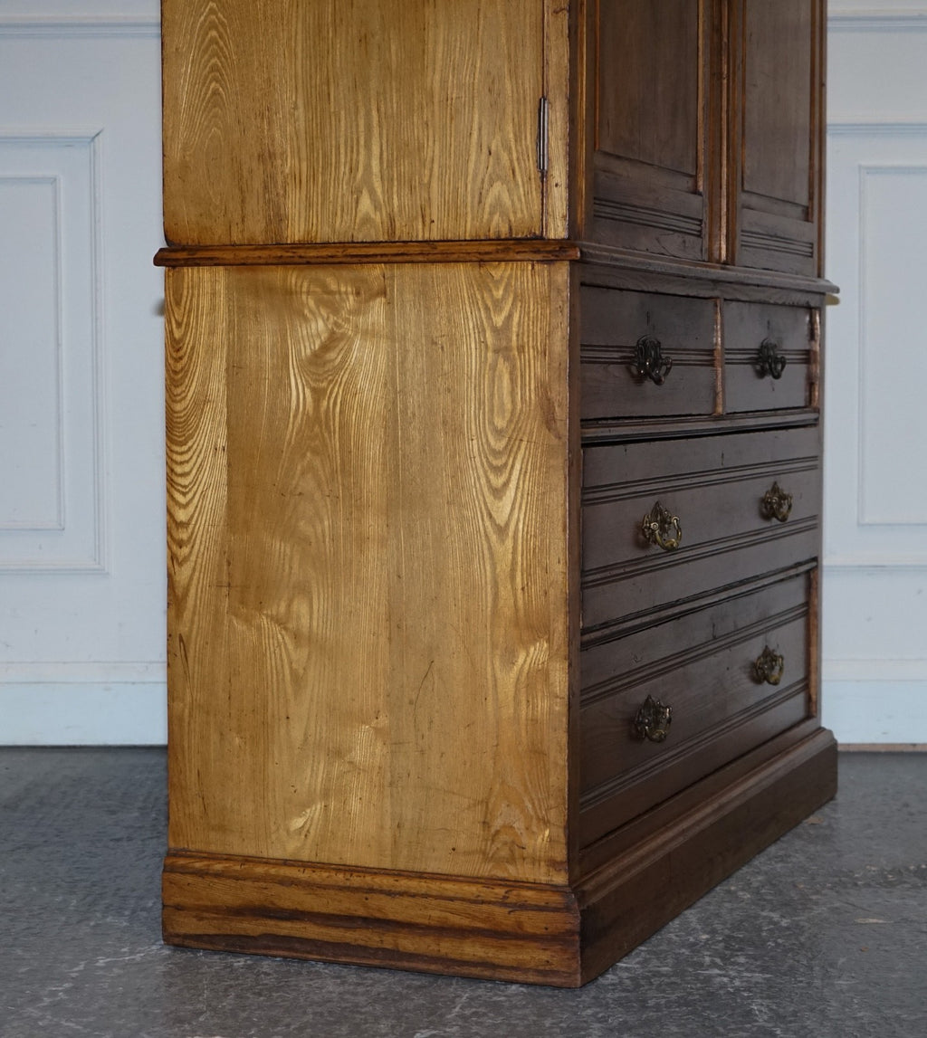 ANTIQUE VICTORIAN ENGLISH OAK LINEN PRESS WARDROBE WITH FOUR DRAWERS