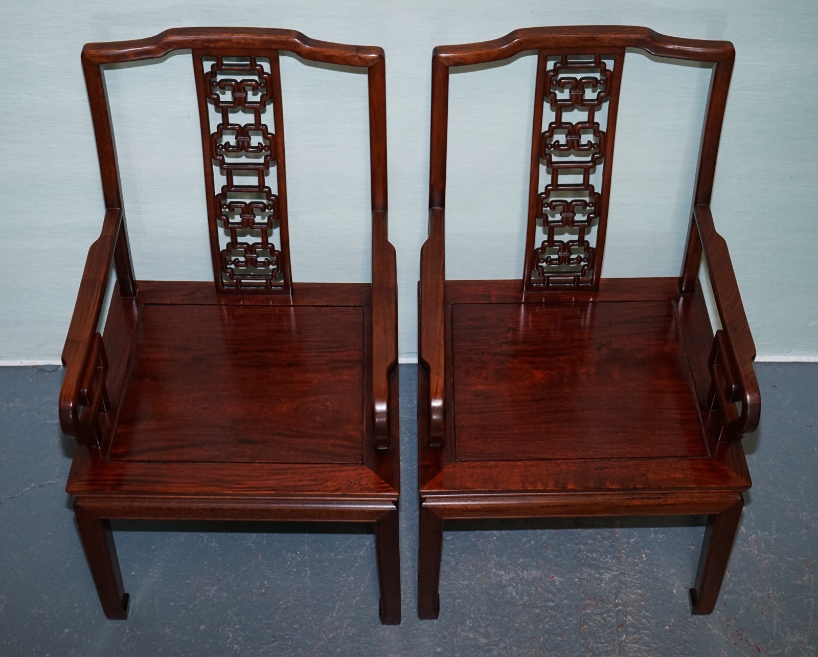 PAIR VINTAGE ORIENTAL CHINESE HARD WOOD CARVER ARMCHAIRS WITH CUSHIONS