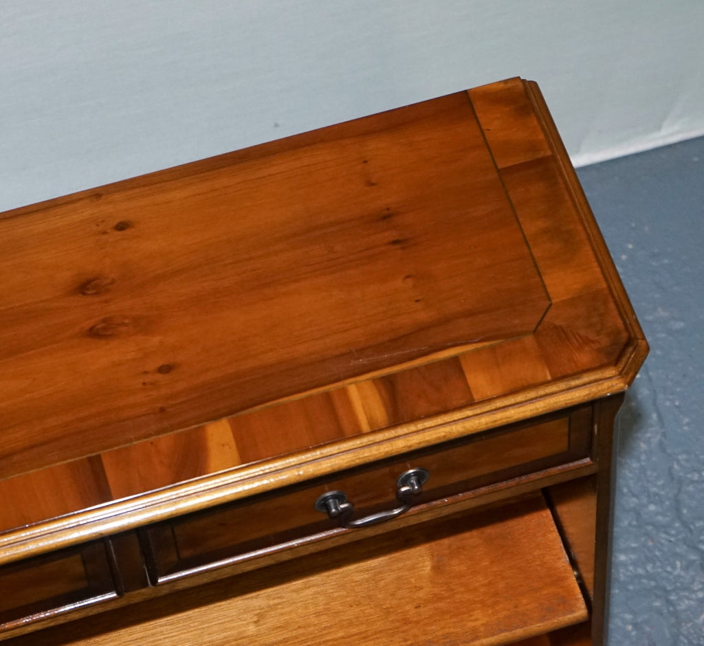 VINTAGE BURR YEW WOOD OPEN DWARF LIBRARY BOOKCASE WiTH TWO DRAWERS