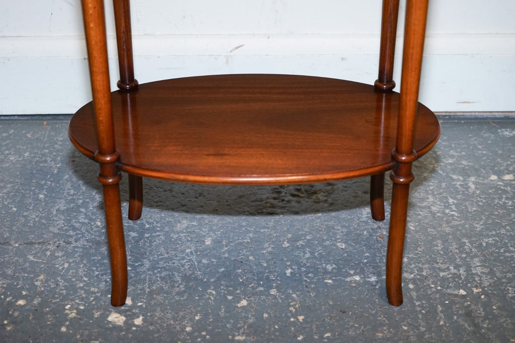 VINTAGE PAIR OF FLAMED MAHOGANY OVAL SIDE END WINE LAMP TABLE GALLERY RAIL TOP