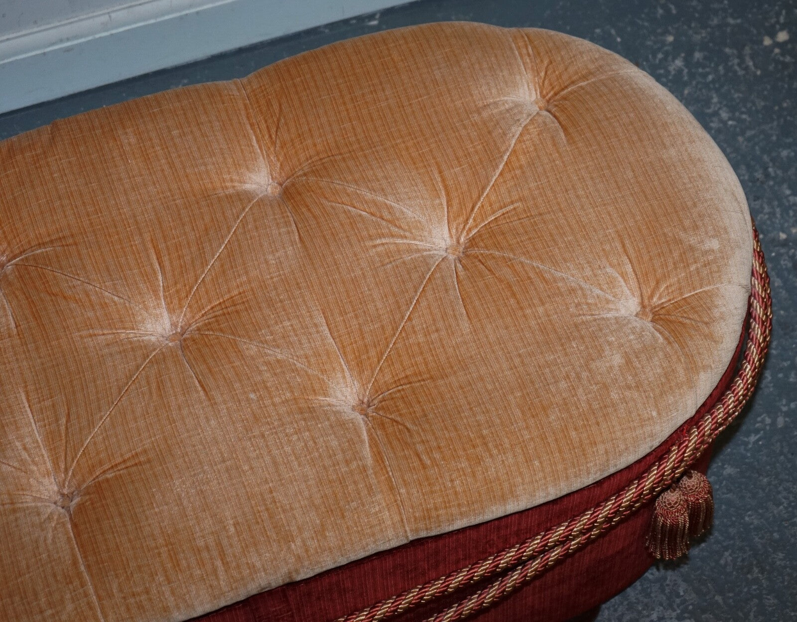 ANTIQUE VICTORIAN FABRIC OTTOMAN BLANKET BED END STORAGE BOX WITH TASSEL ACCENTS