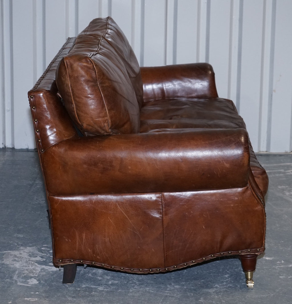 HALO TIMOTHY OULTON STYLE BALMORAL THREE SEATER BROWN HERITAGE LEATHER SOFA