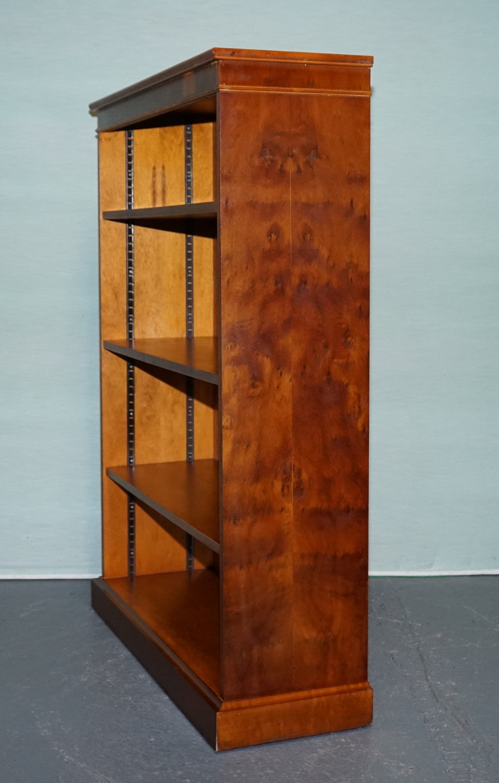 VINTAGE TRADITIONAL BURR YEW WOOD DWARF OPEN BOOKCASE ADJUSTABLE SHELVES