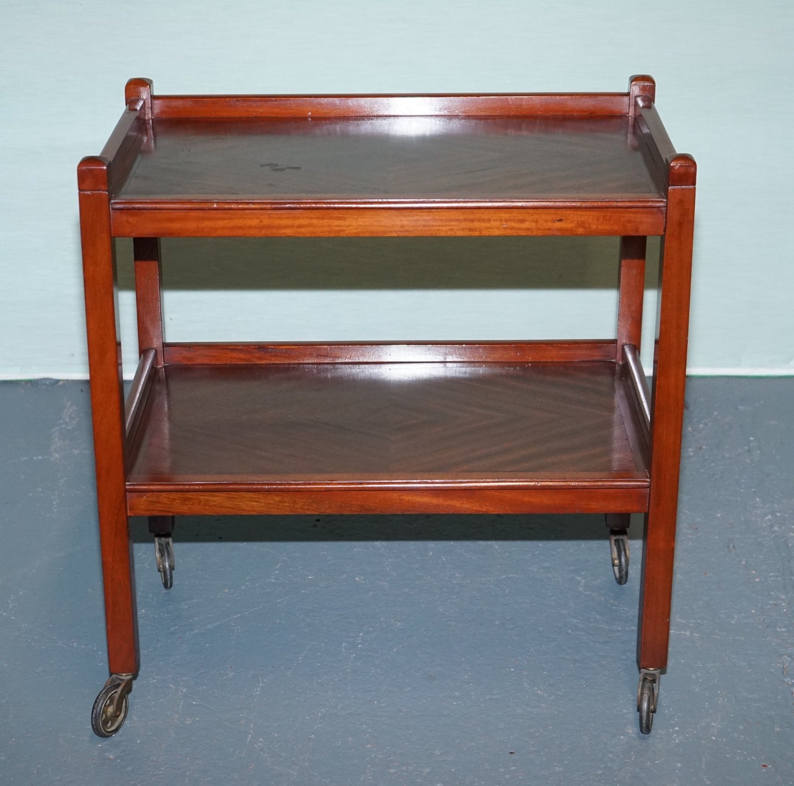 1960s VINTAGE TWO TIER WOODEN TEA TROLLET ON BRASS CASTERS