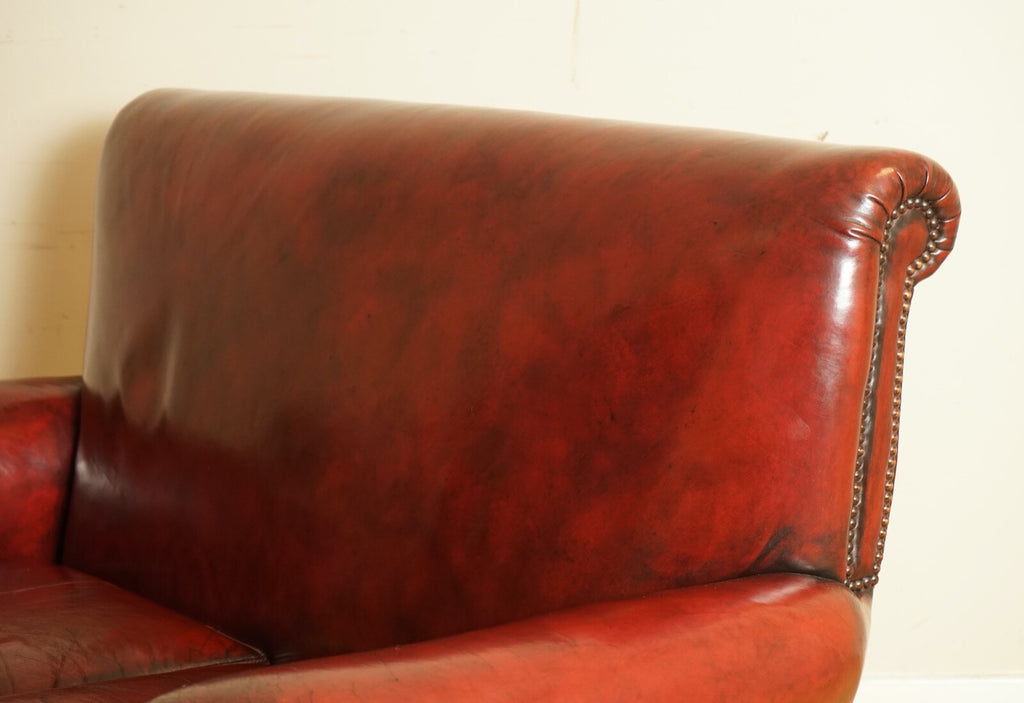 STUNNING VICTORIAN BURGUNDY GENTLEMAN'S CLUB HAND DYED LEATHER SOFA