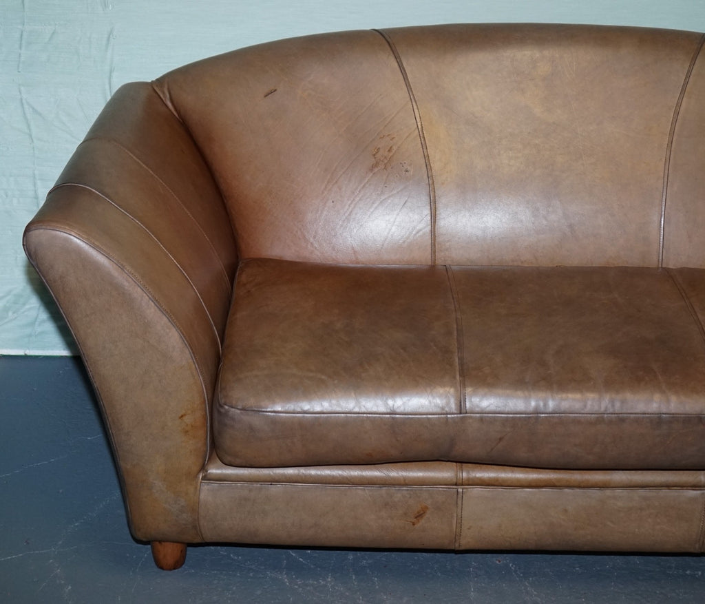VINTAGE ART DECO STYLE BROWN LEATHER TWO SEATER SOFA