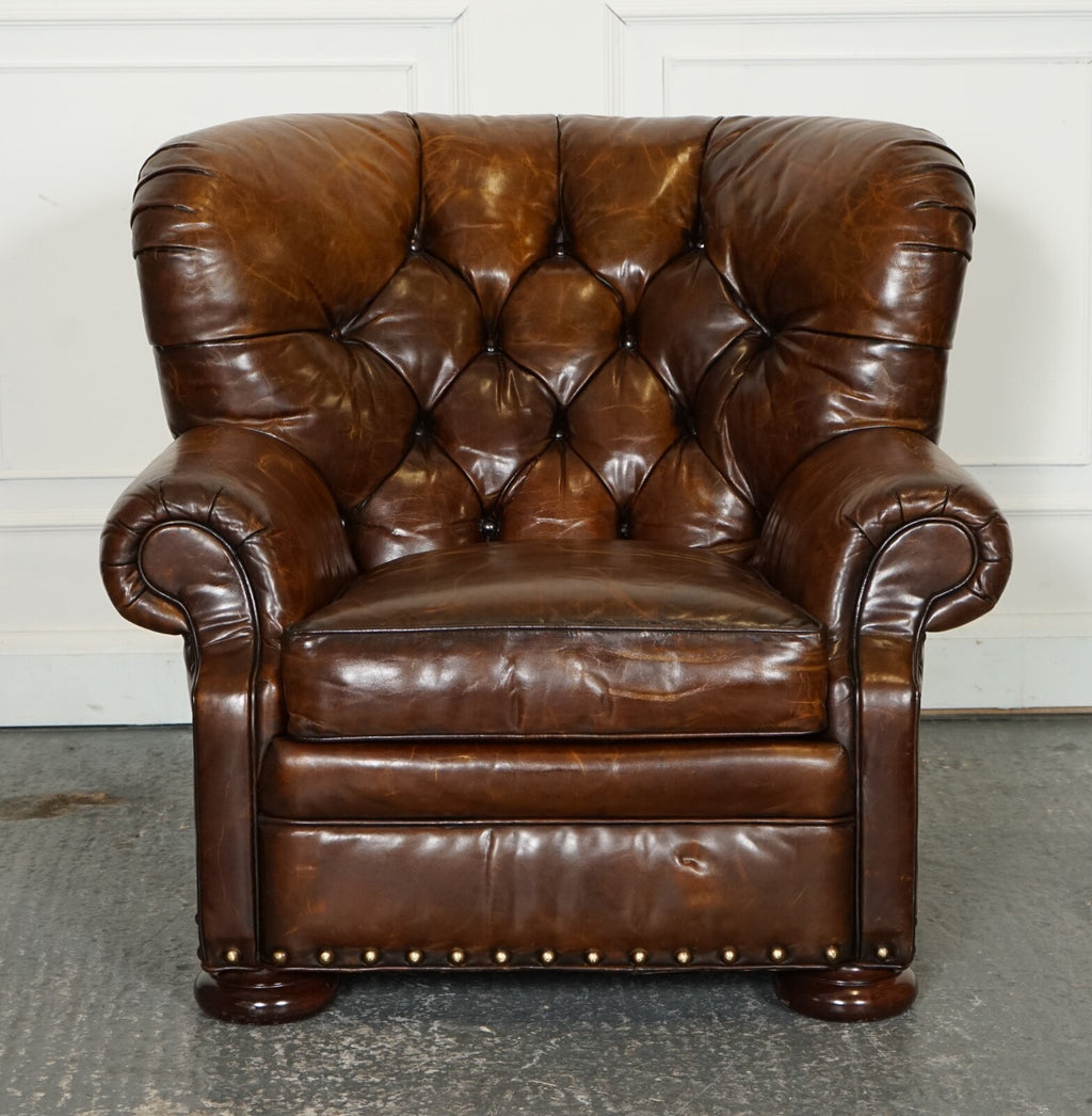 FULLY RESTORED HAND DYED LEATHER WRITERS READING ARMCHAIR WITH FOOTSTOOL