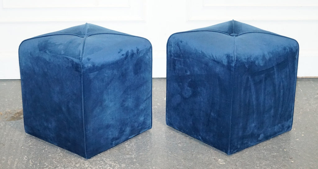 EX SHOWROOM ART DECO STYLE PAIR OF BLUE VELVET TOUCH FABRIC BLUE STOOLS