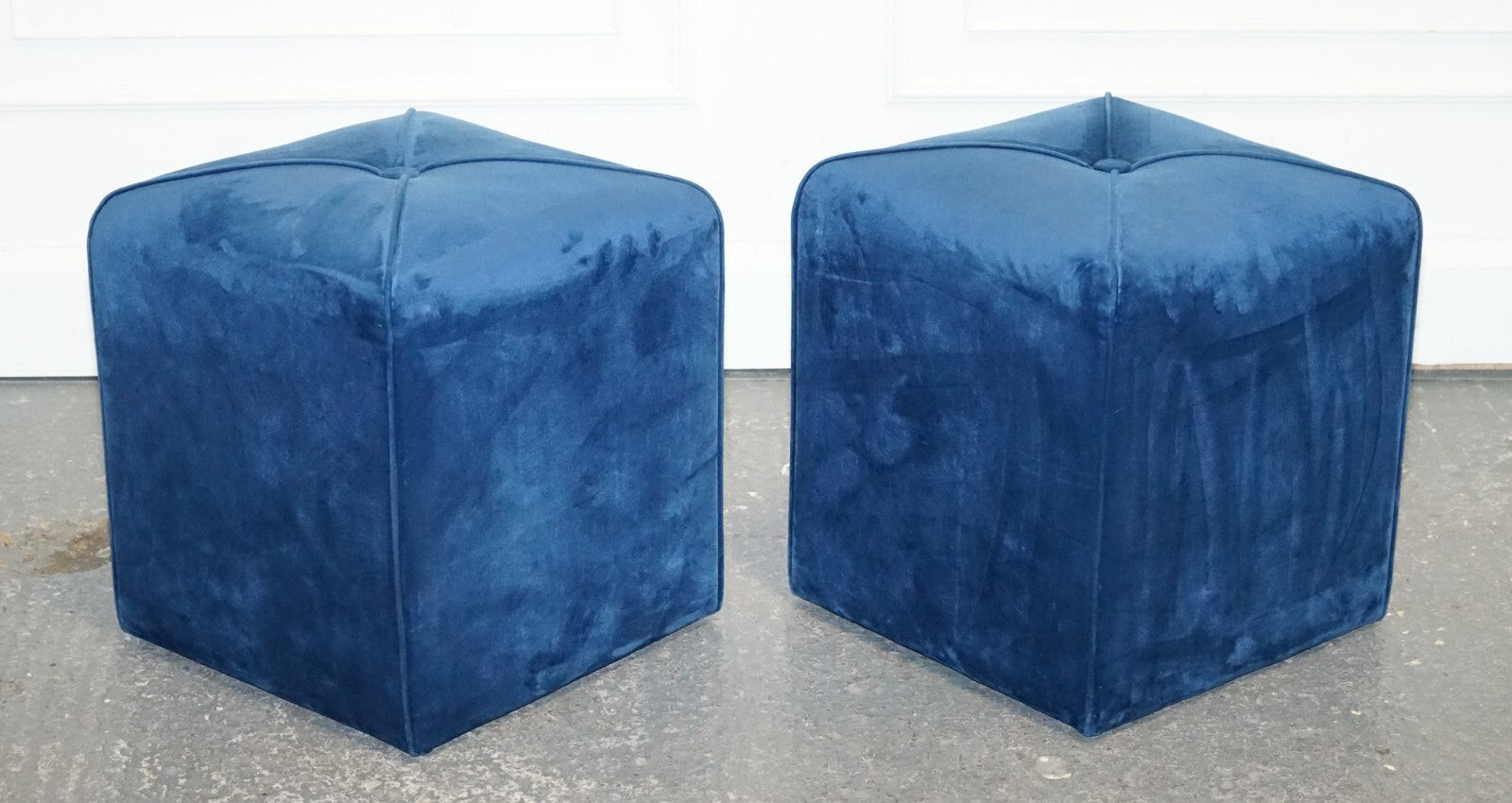 EX SHOWROOM ART DECO STYLE PAIR OF BLUE VELVET TOUCH FABRIC BLUE STOOLS