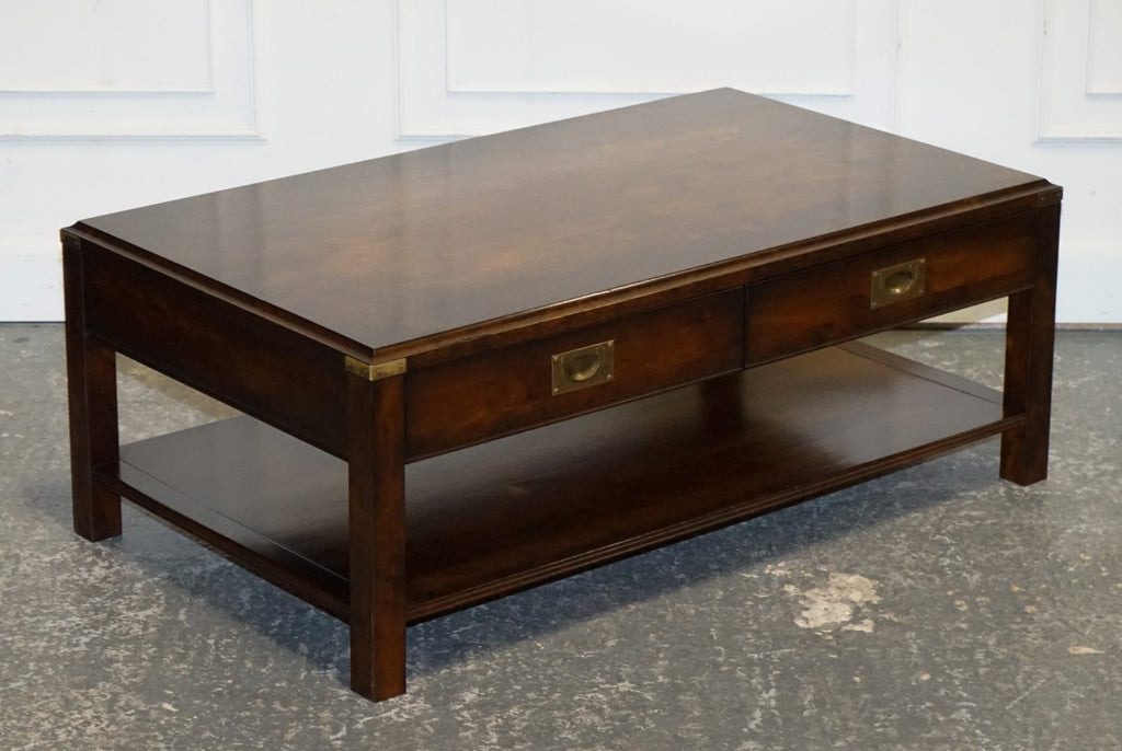 VINTAGE MILITARY CAMPAIGN MAHOGANY & BRASS COFFEE TABLE WITH TWO DRAWERS