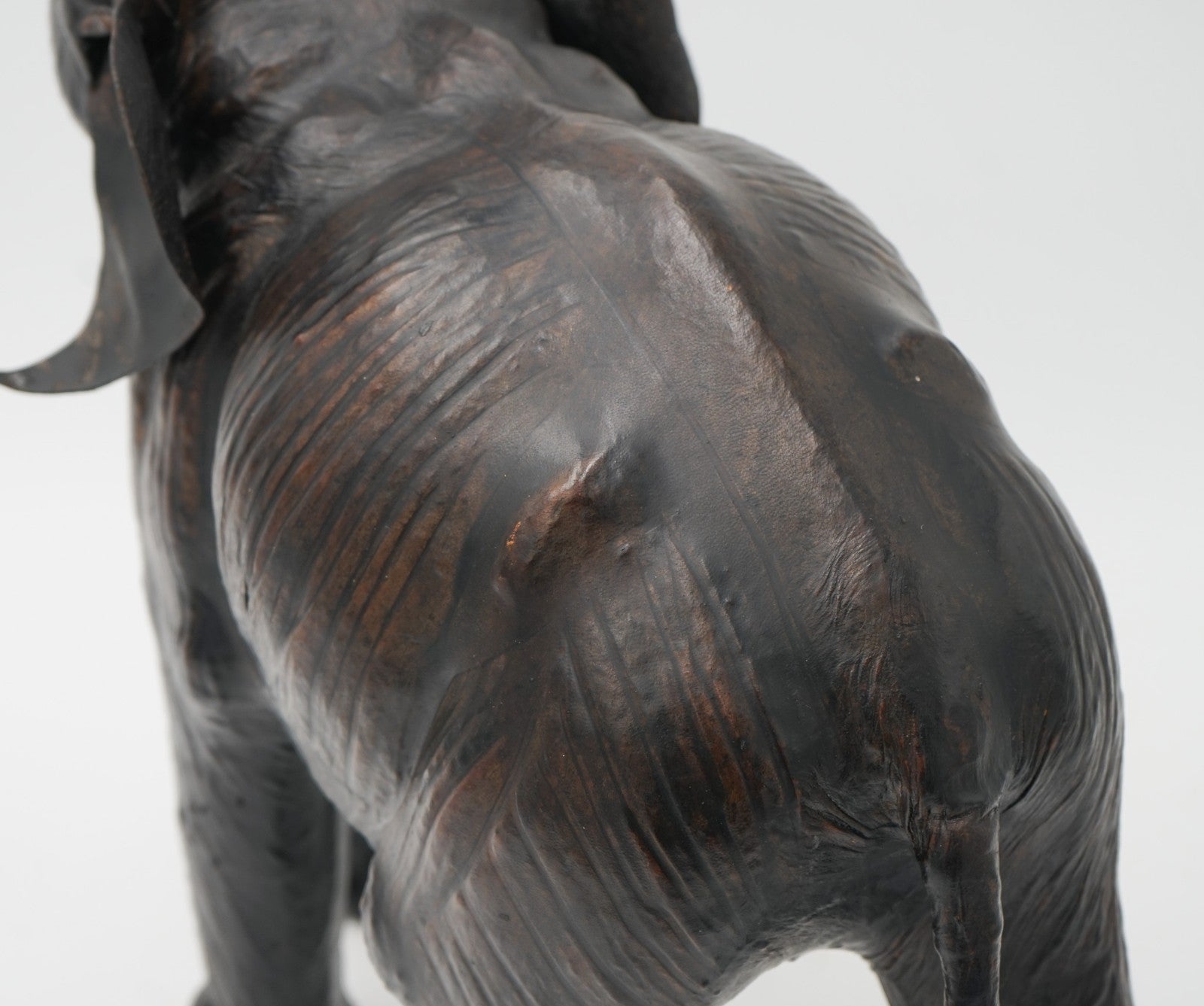 VINTAGE 1970'S LIBERTYS & CO LONDON AGED LEATHER ELEPHANT DECORATIVE SCULPTURE