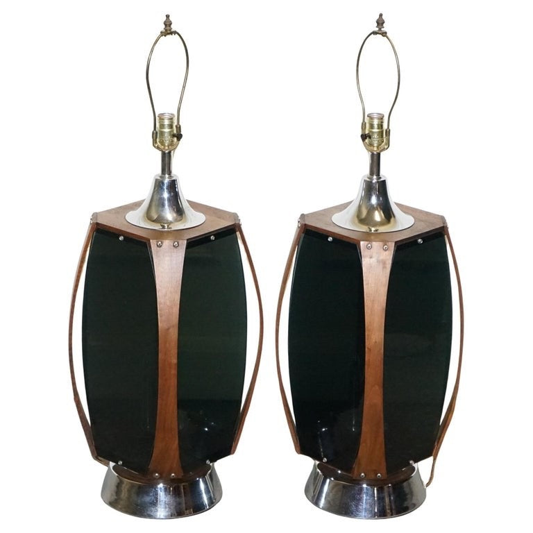PAIR OF LARGE MODERN DANISH ACRYLIC & TEAK MID CENTURY LAMPS