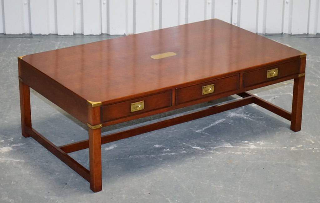 LARGE MILITARY CAMPAIGN REH KENNEDY HARRODS COFFEE TABLE WITH THREE DEEP DRAWERS