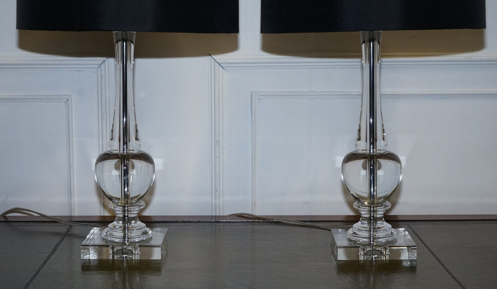 PAIR OF CLEAR GLASS TABLE LAMPS WITH BLACK SHADES