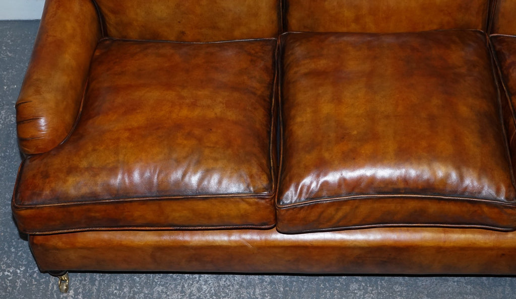 RESTORED HAND DYED LEATHER THREE SEATER SOFA HOWARD & SONS STYLE FEATHER FILLED