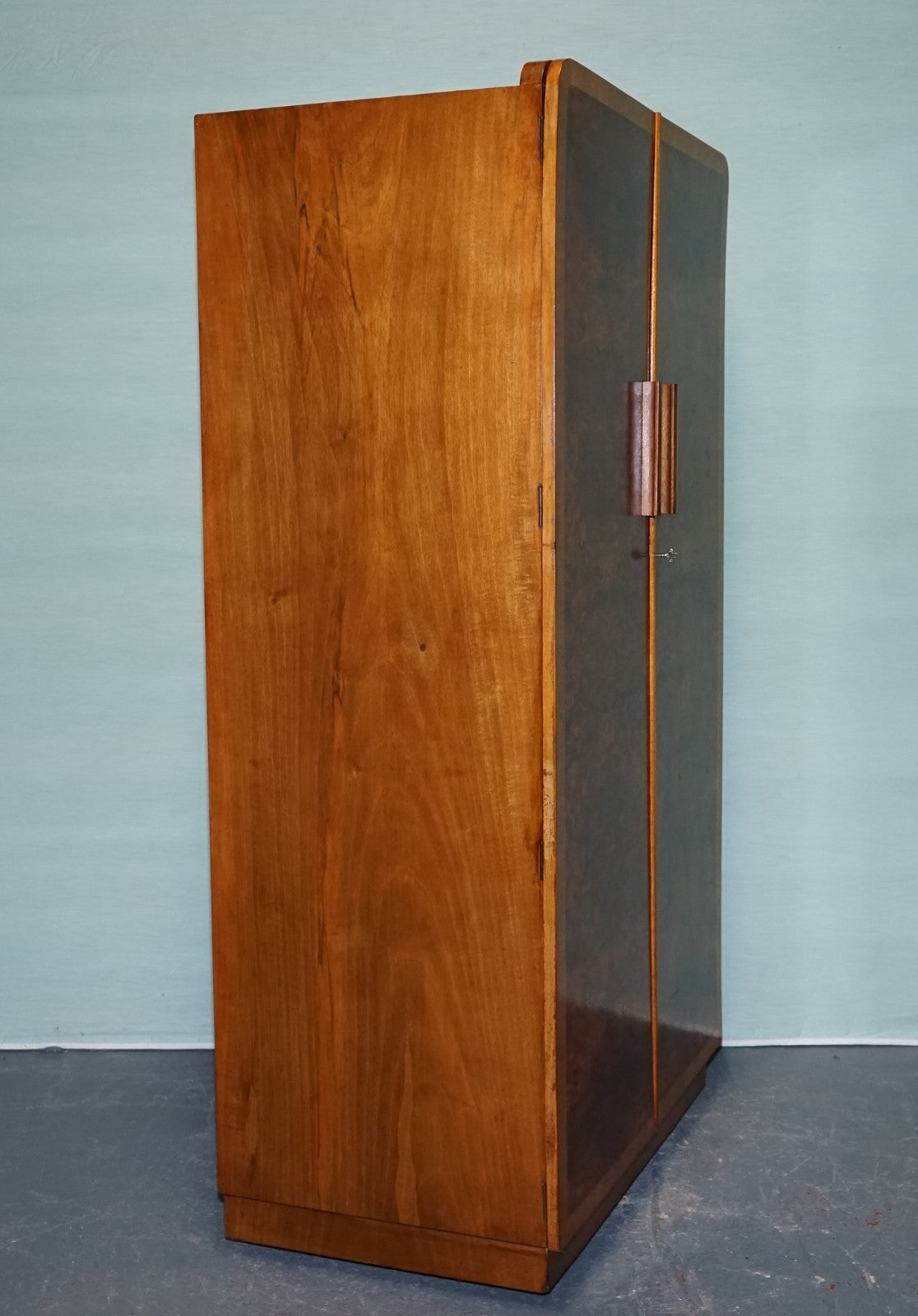 1930s PETITE VINTAGE ENGLISH ART DECO BURR WALNUT DOUBLE WARDROBE LINEN PRESS