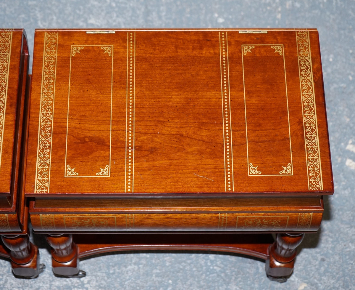 MATCHING PAIR OF WOODEN FAUX BOOKS STACK SIDE END WINE TABLES WITH STORAGE