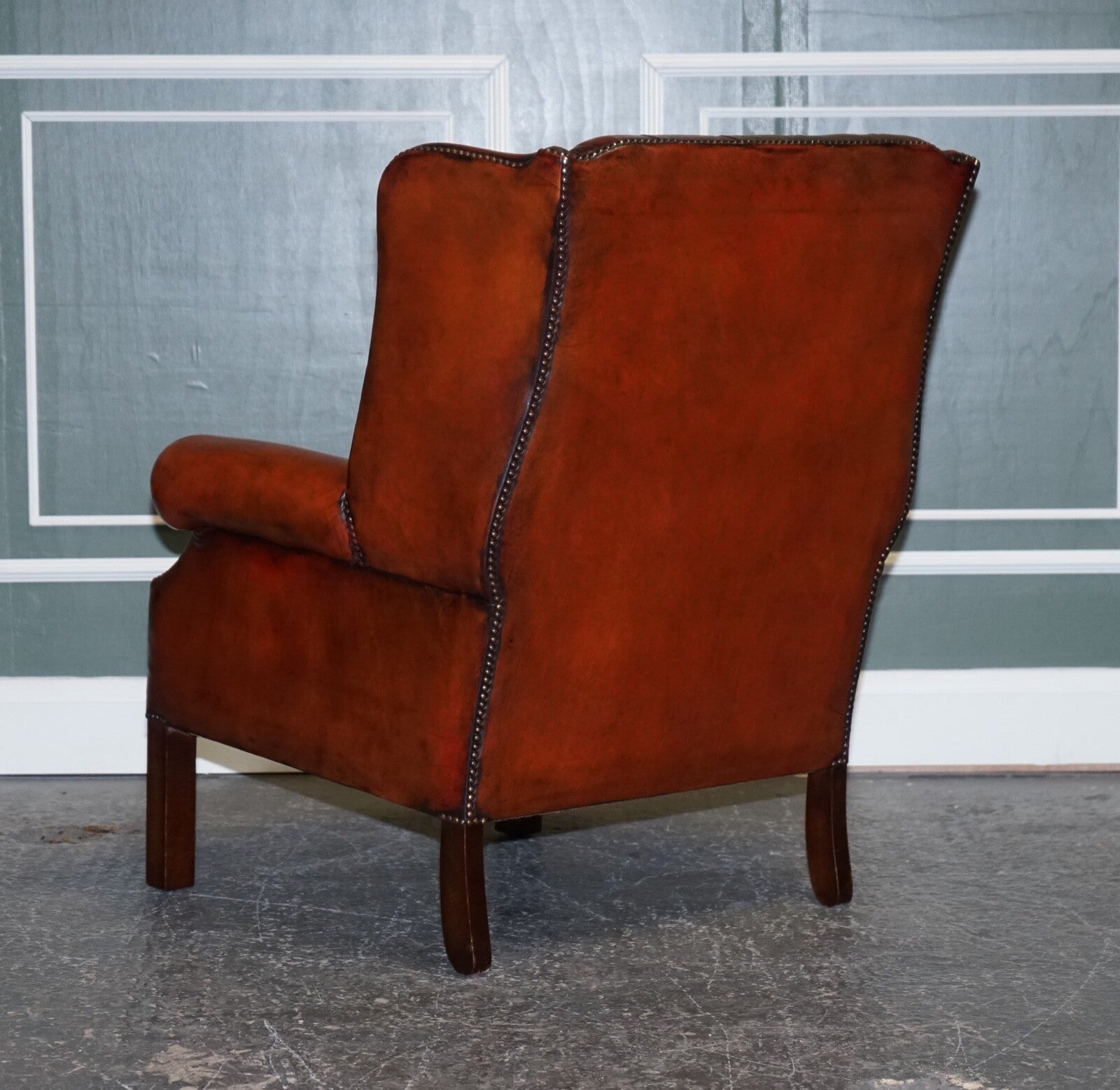 STUNNING PAIR OF BURGUNDY BROWN LEATHER HAND DYED WINGBACK CHAIRS