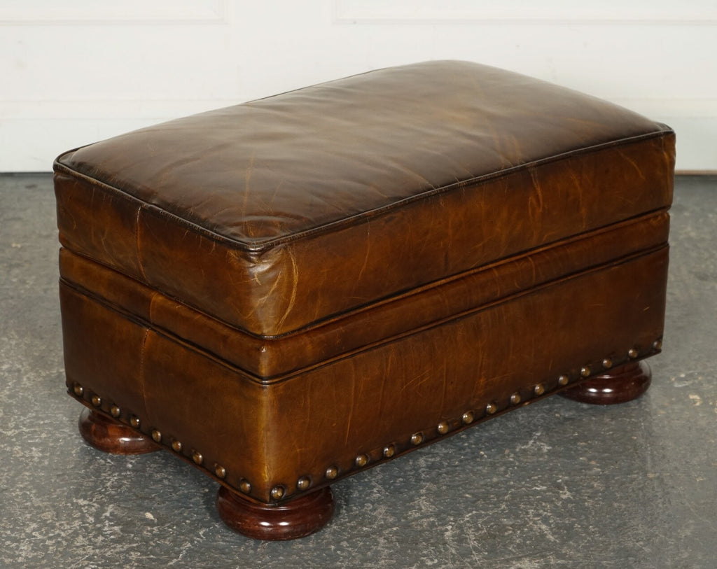 FULLY RESTORED HAND DYED LEATHER WRITERS READING ARMCHAIR WITH FOOTSTOOL