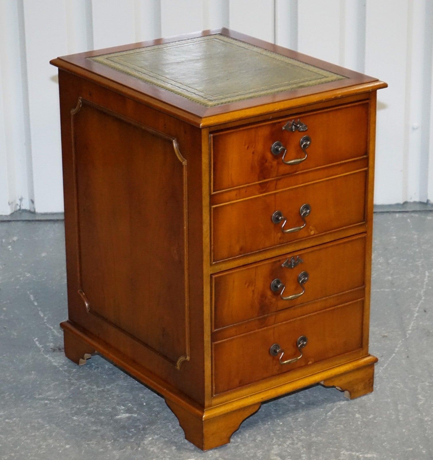 VINTAGE YEW WOOD FILLING CABINET WITH GREEN LEATHER TOP AND TWO DRAWERS