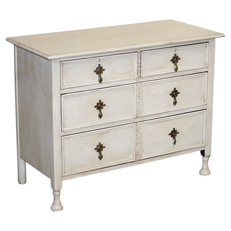 ANTIQUE VICTORIAN HAND PAINTED IVORY WHITE CHEST OF DRAWERS WITH BRASS HANDLES