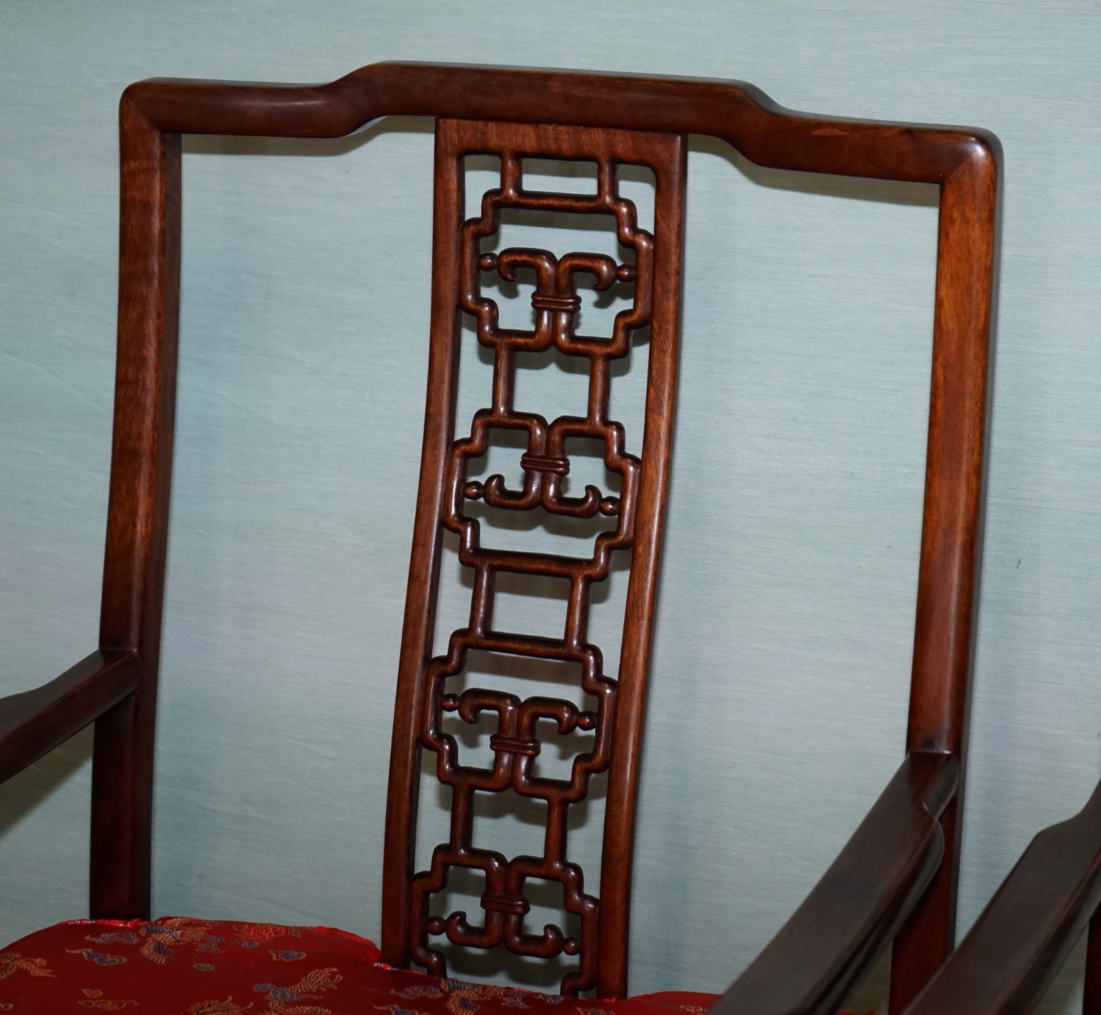 PAIR VINTAGE ORIENTAL CHINESE HARD WOOD CARVER ARMCHAIRS WITH CUSHIONS