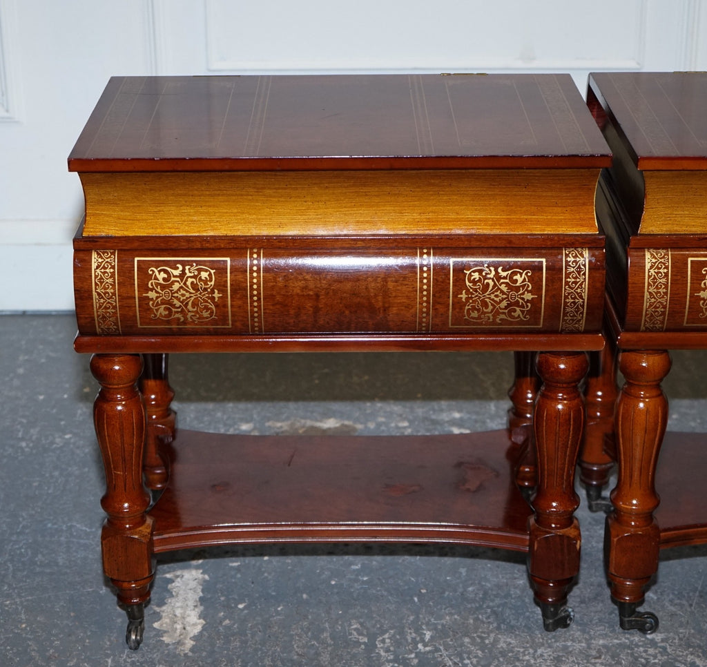 MATCHING PAIR OF WOODEN FAUX BOOKS STACK SIDE END WINE TABLES WITH STORAGE