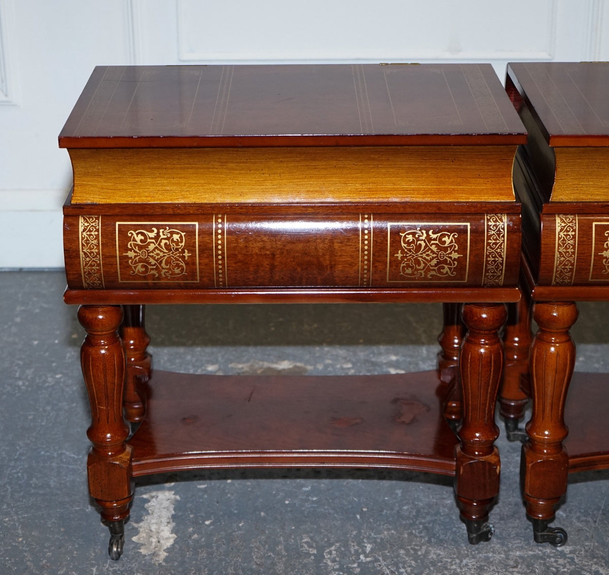MATCHING PAIR OF WOODEN FAUX BOOKS STACK SIDE END WINE TABLES WITH STORAGE