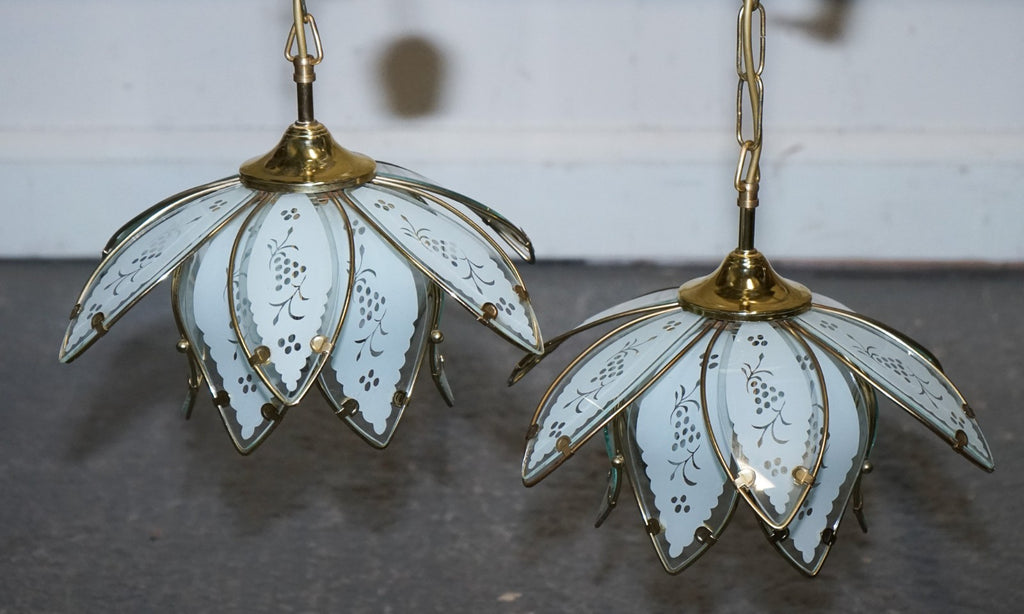PAIR OF ART DECO STYLE 1960'S FLOWER LOTUS GLASS CEILING LAMPS