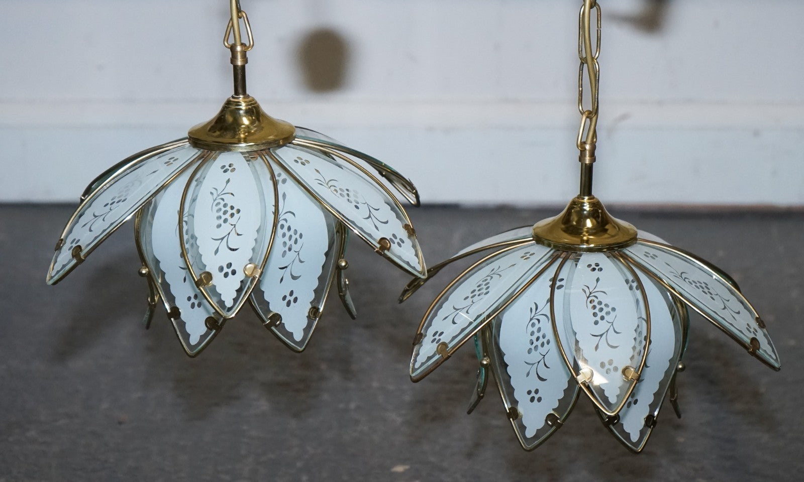PAIR OF ART DECO STYLE 1960'S FLOWER LOTUS GLASS CEILING LAMPS